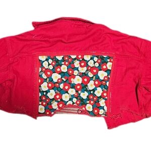 100% Cotton Denim Jacket With Cat And Floral Fabric On The Back